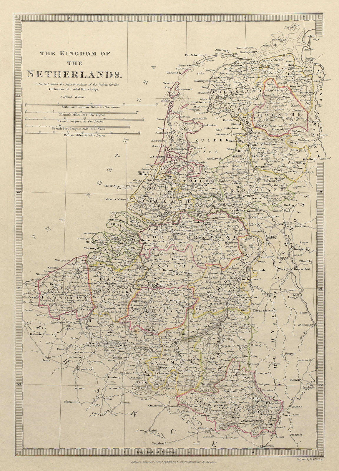 KINGDOM OF THE NETHERLANDS. & Belgium. Provinces. Holland. SDUK 1844 old map